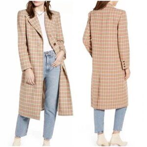 Something Navy Camel Plaid Long Coat – Check Wool Blend Single Button Overcoat,